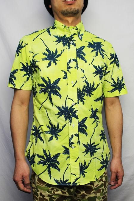 Gitman Bros Button Front Shirt Short Sleeve Cotton Sz S Yellow Green//Blue Palm