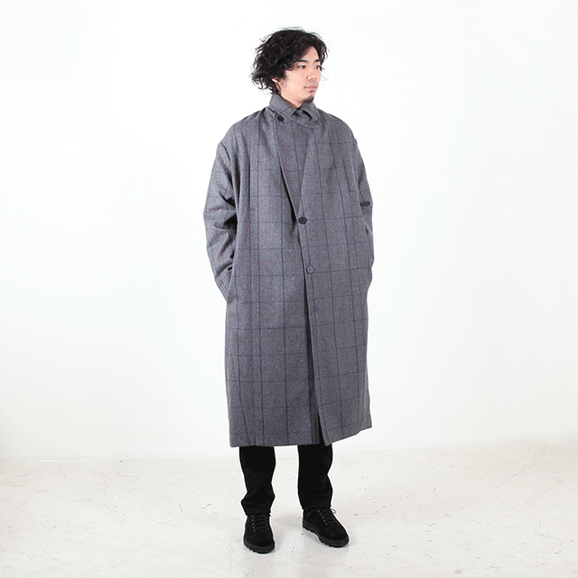 WINDOWPANE CHECK MENS WOOL OVERCOAT #GREY CHECK [SN-404A]