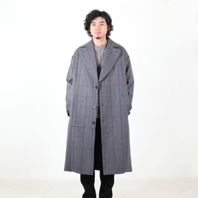 WINDOWPANE CHECK MENS WOOL OVERCOAT #GREY CHECK [SN-404A]