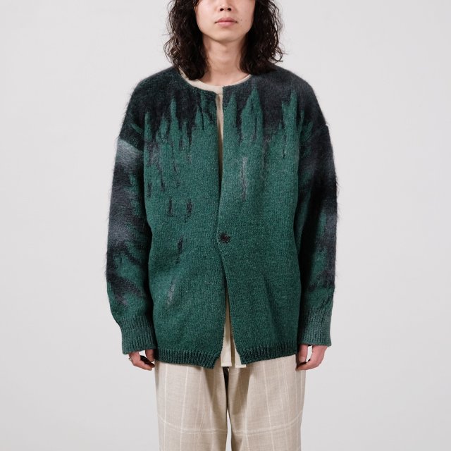 Rainy Pattern Knit Cardigan #Green × Gray [AY9-28]