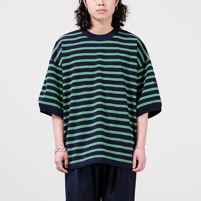 is-ness SHORT SLEEVE BALLOON BASQUE T SHIRT #D/NAVY×GREEN BORDER