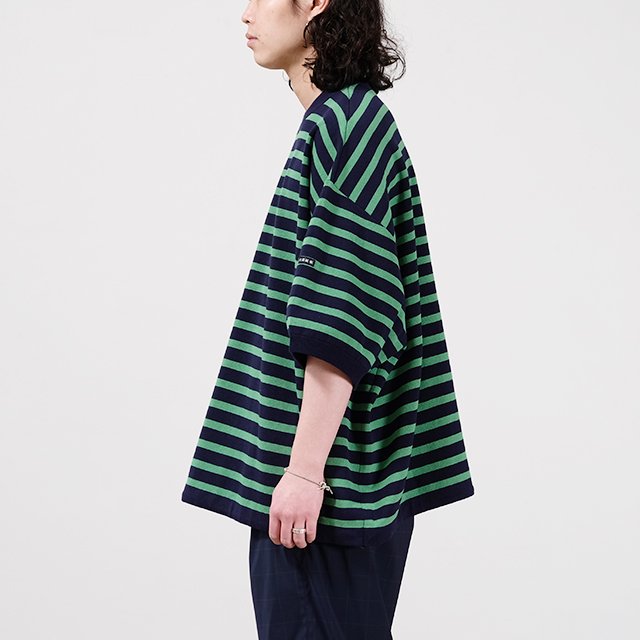 is-ness SHORT SLEEVE BALLOON BASQUE T SHIRT #D/NAVY×GREEN BORDER