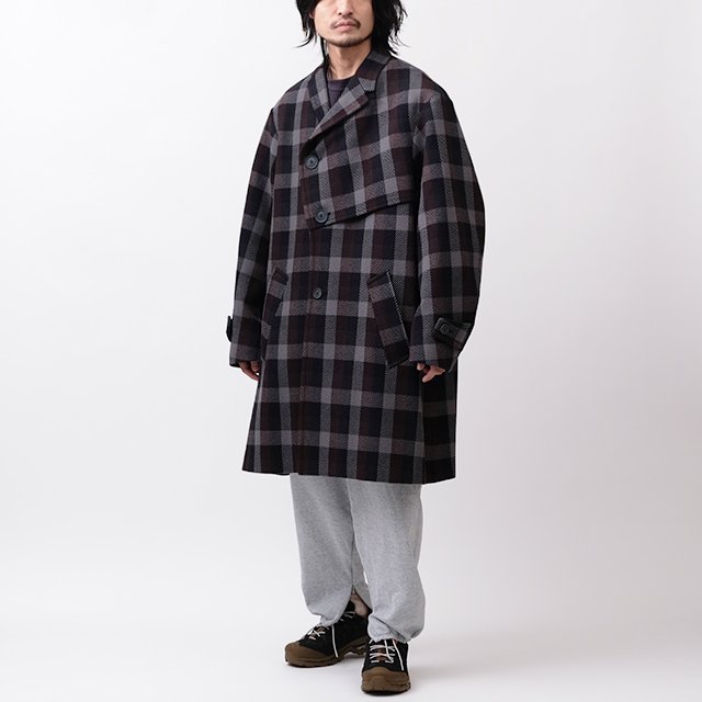 Asymmetry Check Coat #C-Navy Blue [22WCM-C04102]