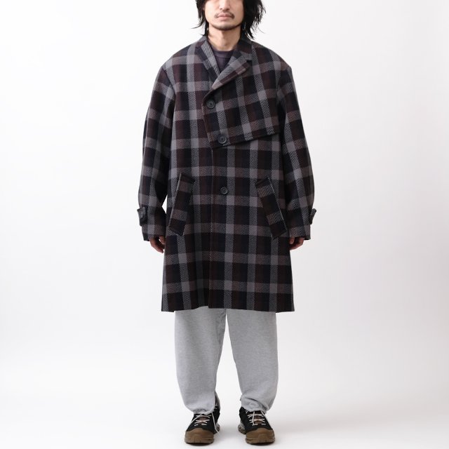 kolorAsymmetry Check Coat #C-Navy Blue [22WCM-C04102]｜Silver and