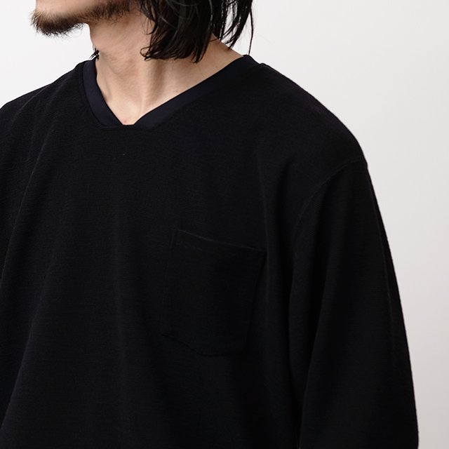 DWELLER L/S V NECK TEE WOOL T/C JERSEY #NAVY [NN-C4207]