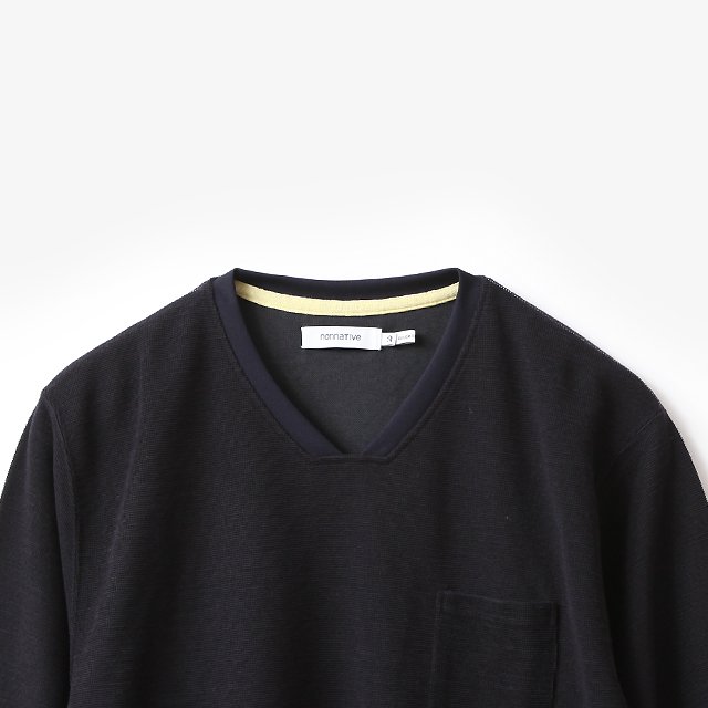 DWELLER L/S V NECK TEE WOOL T/C JERSEY #NAVY [NN-C4207]