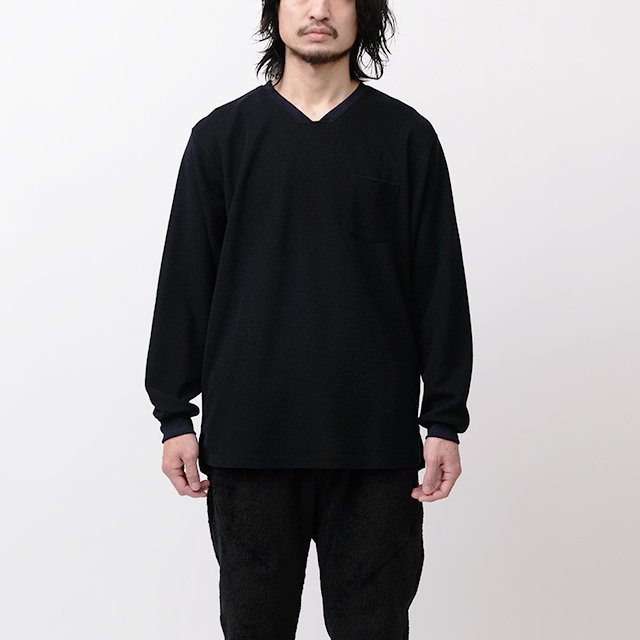 DWELLER L/S V NECK TEE WOOL T/C JERSEY #NAVY [NN-C4207]