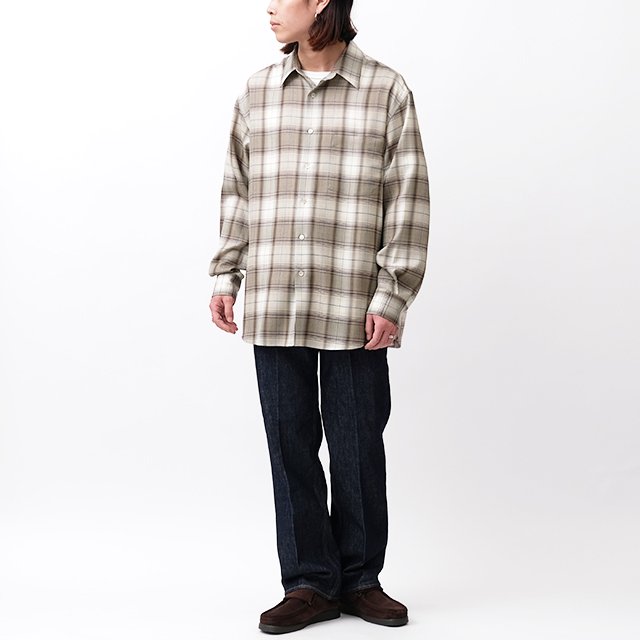 AURALEE SUPER LIGHT WOOL CHECK SHIRT #LIGHT BROWN CHECK [A23AS01LC