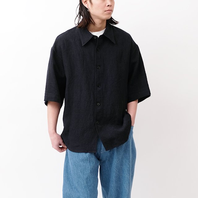 LINEN SILK TWEED HALF SLEEVED SHIRT #DARK NAVY [A24SS01LS]