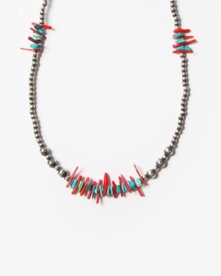 ERICKA NICOLAS BEGAY Navajo Pearl Necklace with Coral & StoneNPS3-1255cm #Silver-3mm Beads