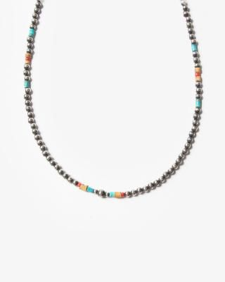 ERICKA NICOLAS BEGAY Navajo Pearl Necklace with StoneNPS4-0355cm #Silver-4mm Beads