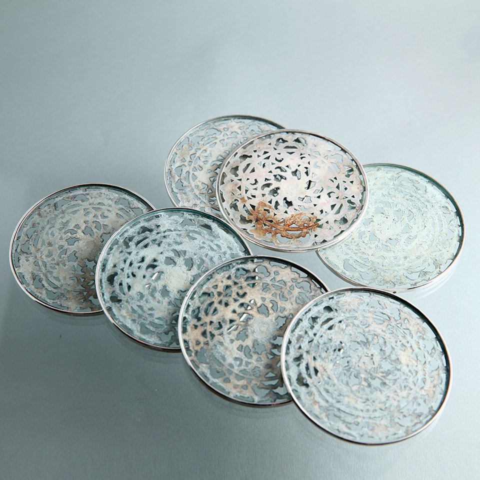 純銀オーバーレイ＆ガラスのコースター 6枚セット Webster 19世紀末