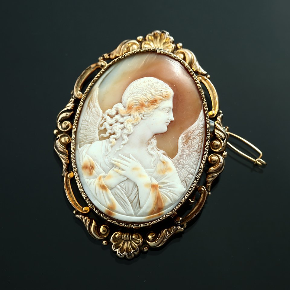 シェルカメオ 女性像のブローチ 9KRG 金無垢 19世紀末 jb-07
