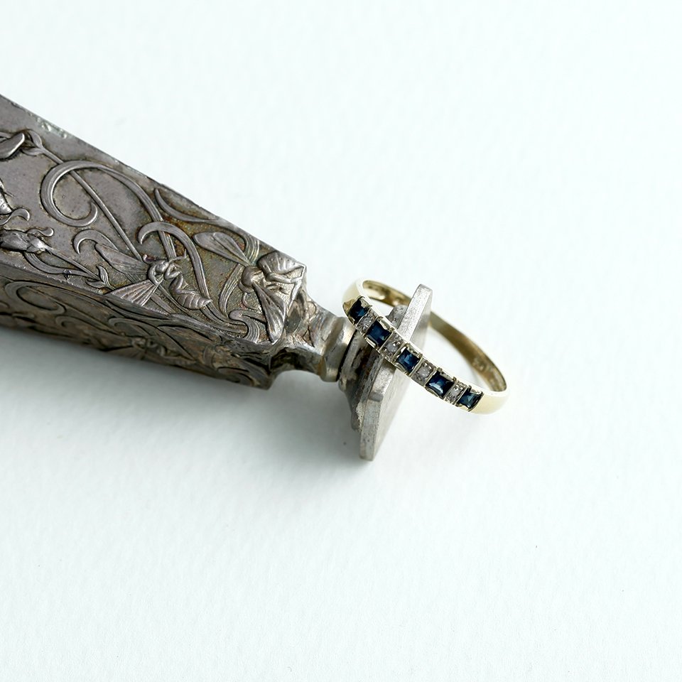 サファイア＆ダイヤモンドのリング 指輪 9KYG 19世紀末 英国アールデコ