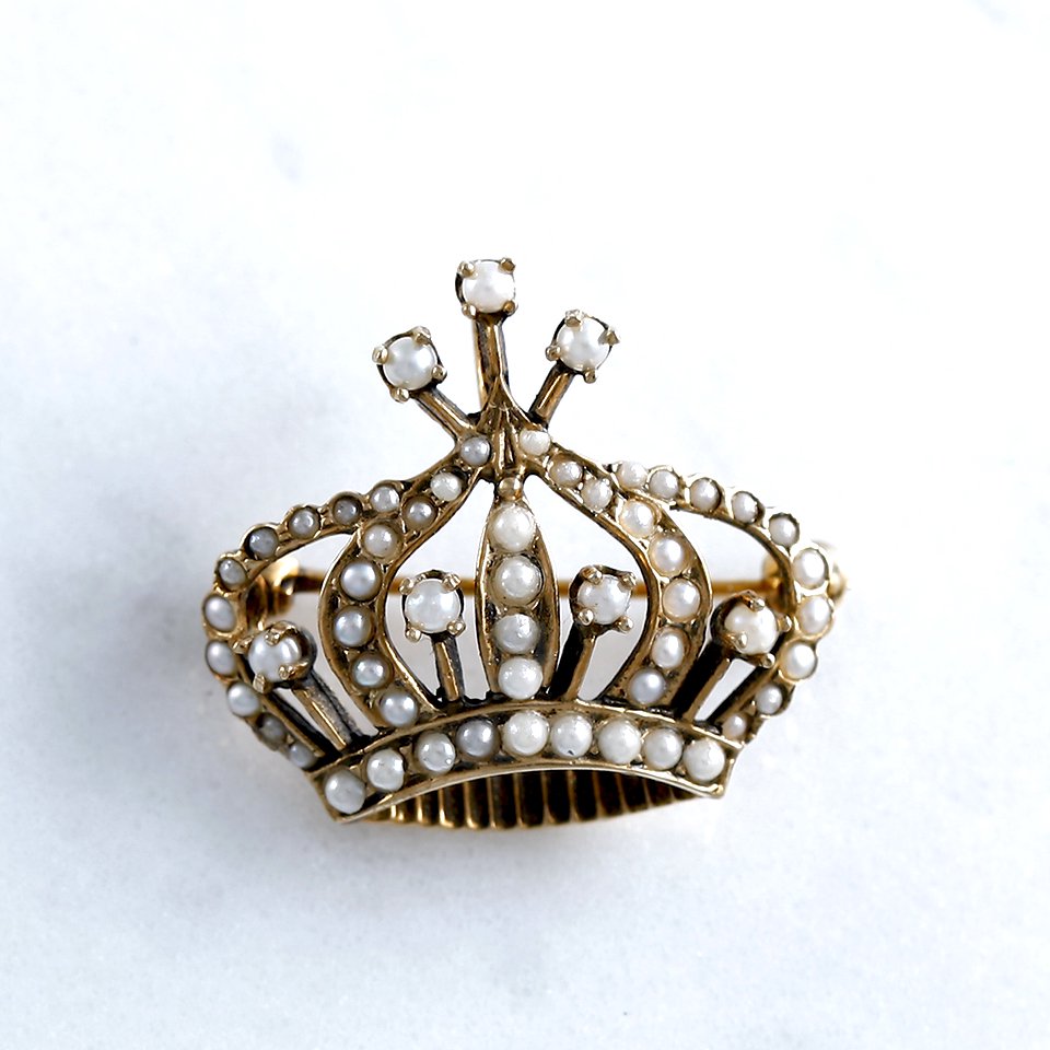 王冠のブローチ＆ペンダントトップ 14KYG シードパール 淡水真珠 1920年頃 英国アールデコ期 ptb-7 - アンティークオールディーズ  オンラインストア
