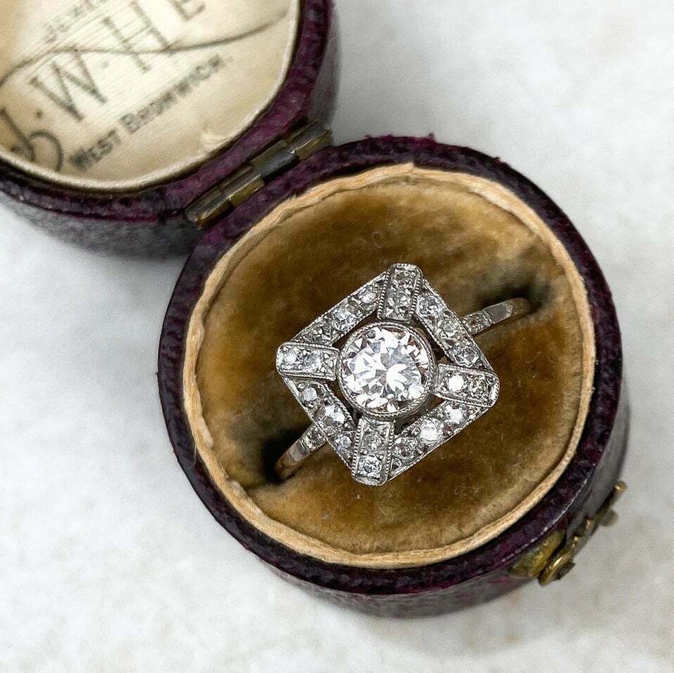 ジルコニア＆ダイヤモンドリング 指輪 14KWG モダニズム 1900年頃 英国