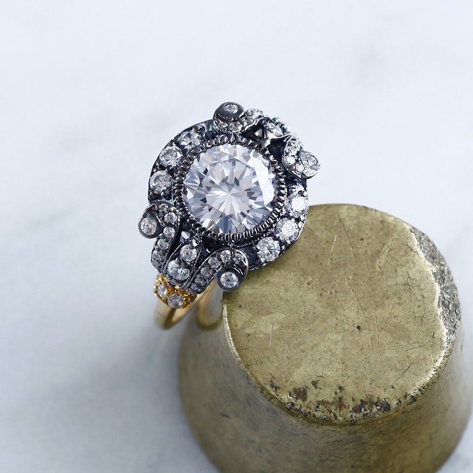 ジルコニア＆ダイヤモンドリング 指輪 14KWG 1900年頃 英国エドワード