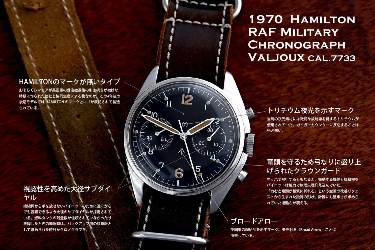 ハミルトン クロノグラフ 英国艦隊航空隊 RNFAA ブロードアロー ミリタリーウォッチ 39mm 1970年 Hamilton  Valjoux7733 - アンティークu0026オールディーズ オンラインストア