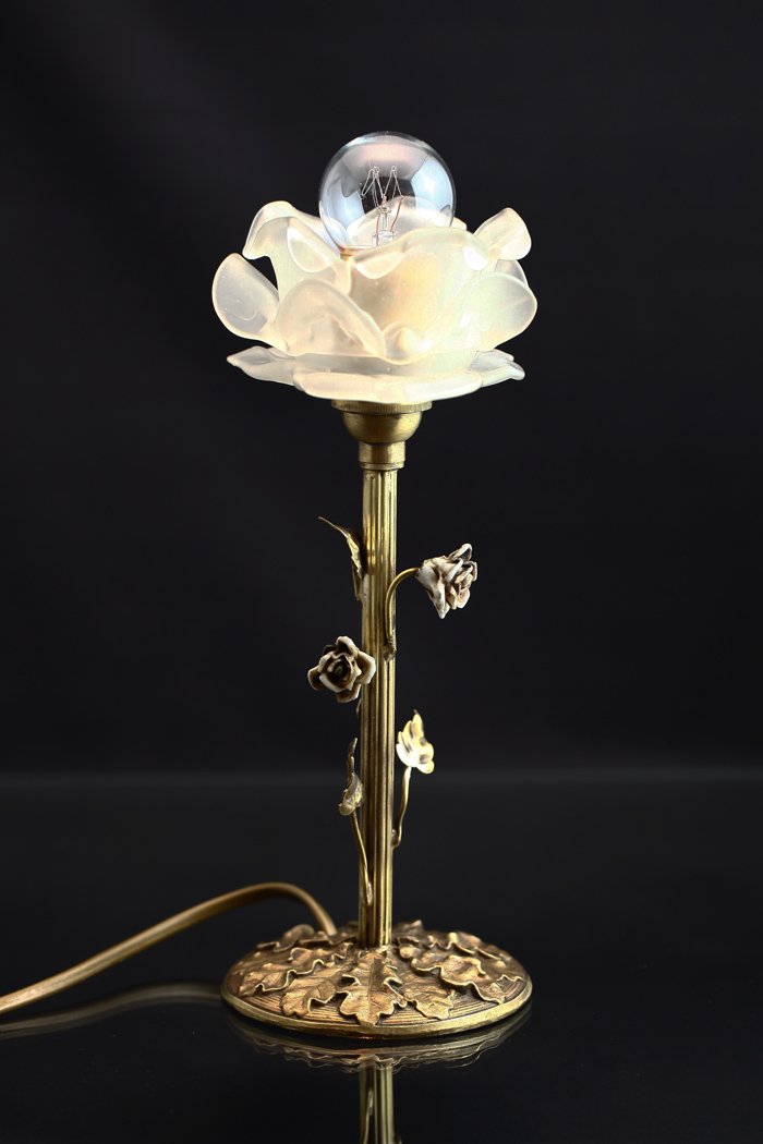 1920年代アールデコ期　パート・ド・ヴェールのテーブルランプ　陶器の花飾り tl-05 - アンティーク&オールディーズ　オンラインストア
