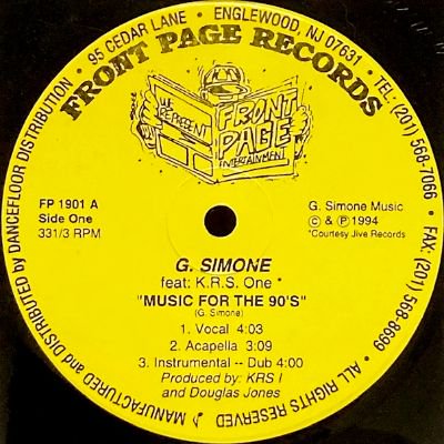 G. SIMONE feat. KRS-ONE - MUSIC FOR THE 90'S (12) (YEL) (VG)