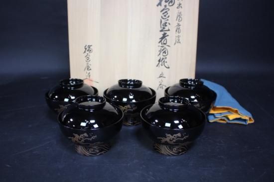 輪島塗吸物椀5客十羽鶴蒔絵