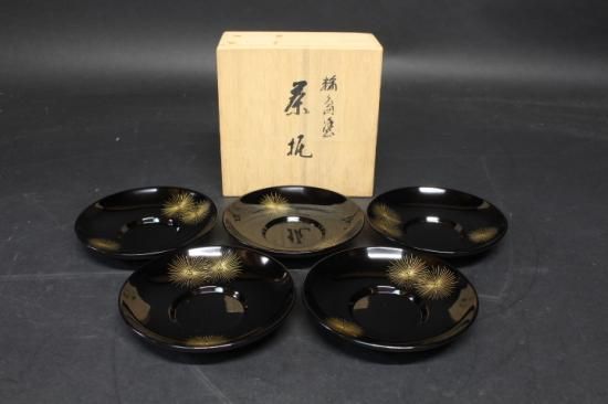 漆器 輪島塗り金色の葉模様 茶托5客