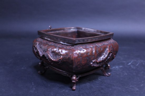 銅製 朱銅色 龍地紋水盤 砂鉢-