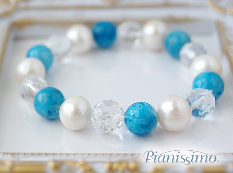 パワーストーン ブレスレット 天然石 ブルー アパタイト パール 真珠