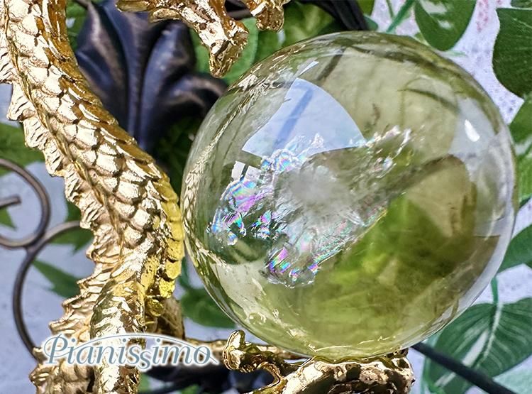 金運アップ】虹入りシトリン・スフィア（龍の台座付き・ゴールド