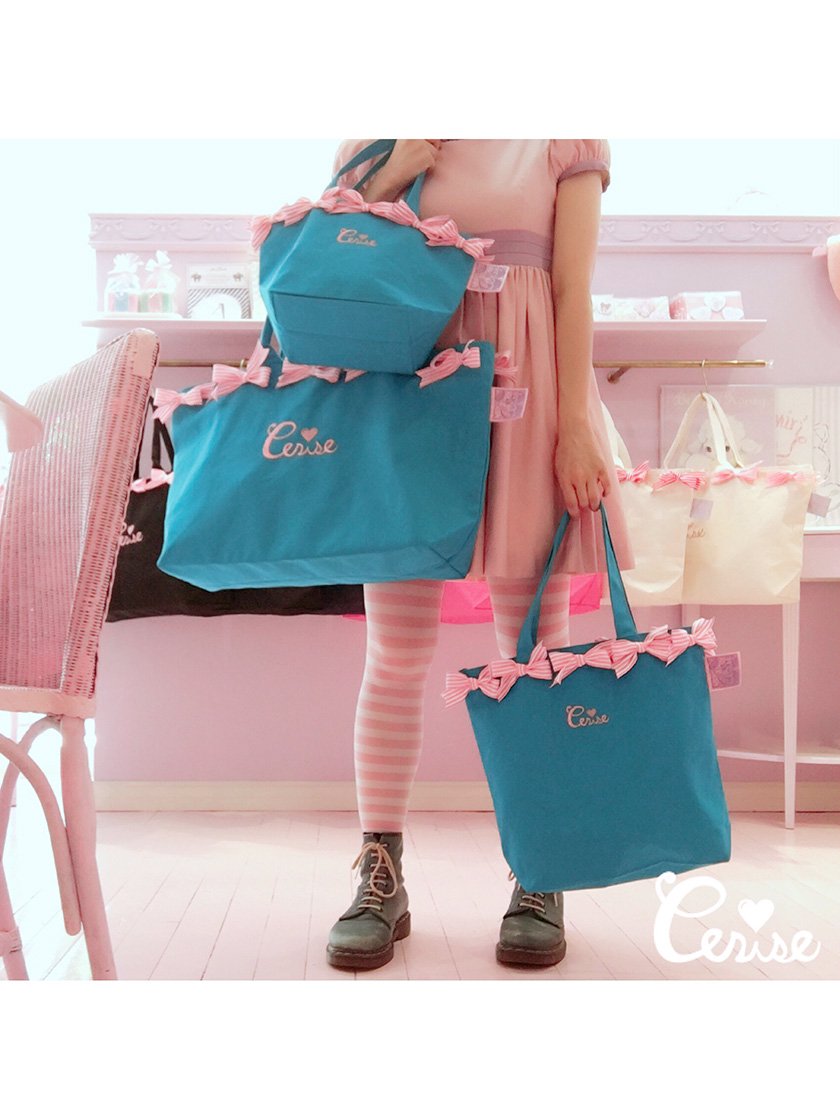 Cerise リボンリボントートBag(M)(ブルー×ベビーピンク) - Cerise Web Store