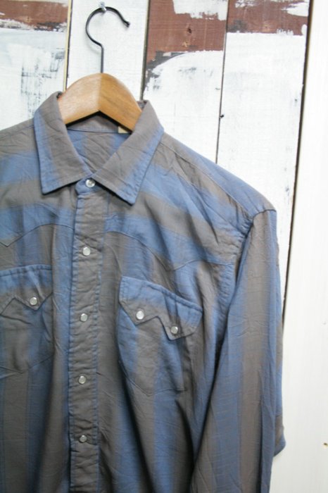 60-70年代頃 ビンテージ レーヨンシャツ ブルー グレイ チェック 古着