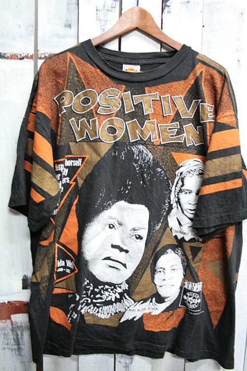 90年代　ビンテージTシャツ　POSITIVE WOMEN　プリントTシャツ　偉人　総柄　ブラック　黒　WORLD KACY COLORS　XL　 Ｔシャツ　古着　サイズ・XL 　ビンテージ古着通販　古着屋ヘブンズドア