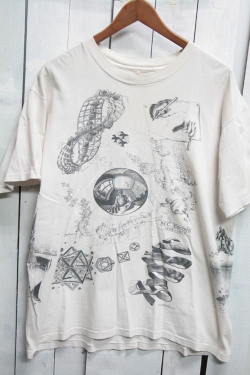 fukube_teeXLサイズ M.C.ESCHER Tシャツ 総柄 ホワイト 90年 エッシャー