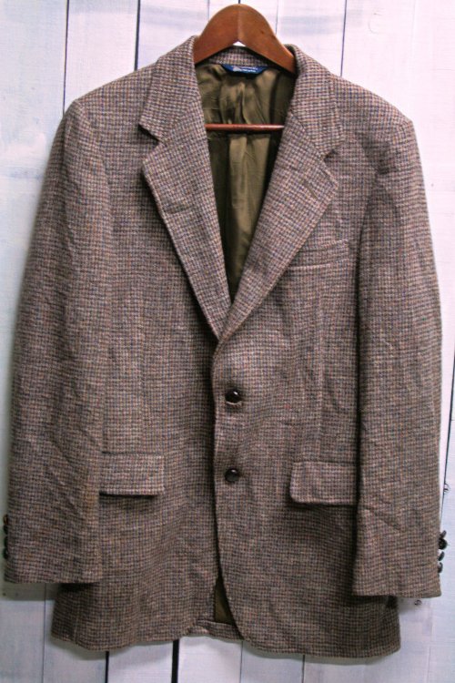 L　古着 ハリスツイード　Harris tweed  テーラード ジャケット　ジャケット メンズ 80年代 80s 手織り スコティッシュウール ブラウン　茶系