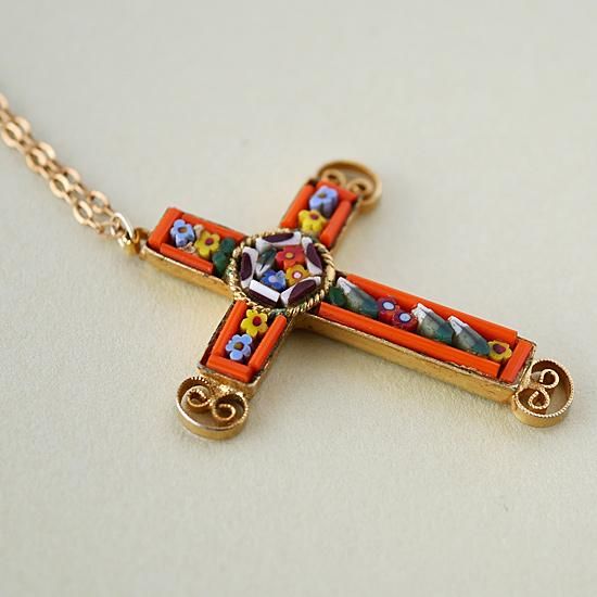 J0485 1930年代イタリア製オレンジ系マイクロモザイククロスペンダント