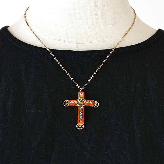J0485 1930年代イタリア製オレンジ系マイクロモザイククロスペンダント