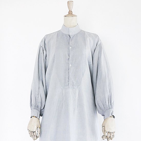Fg514 1910年代フランス製藍白色ホームスパンリネンロングシャツ ロンドンヴィンテージ洋装店 アンティークリネンドレスとヴィンテージバッグ