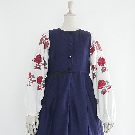 FG577 1930年代ウクライナ製瑠璃色コットンジャンバースカート/ノースリーブワンピース - ロンドンヴィンテージ洋装店  *アンティークリネンドレスとヴィンテージバッグ*