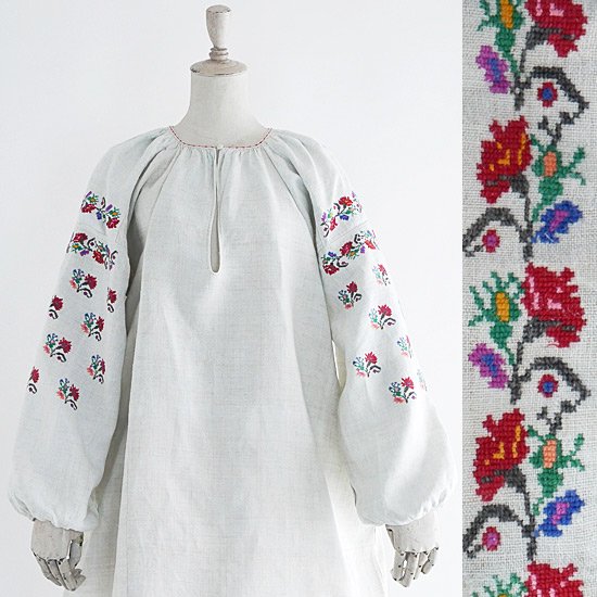 FG583 1910年代ウクライナ製カラフルアザミの花模様刺繍ホームスパン