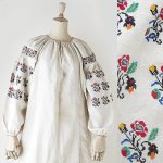 FG602 1910年代ウクライナ製カラフル野花模様刺繍ホームスパンリネン長袖ワンピース