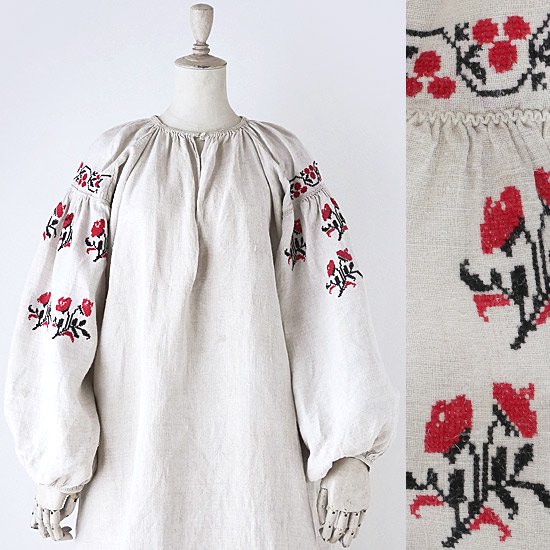 FG 年代ウクライナ製赤アザミの花模様刺繍ホームスパンリネン