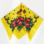 S0024 1960年代 USSR製黄色フォークロア花柄ウールスカーフ