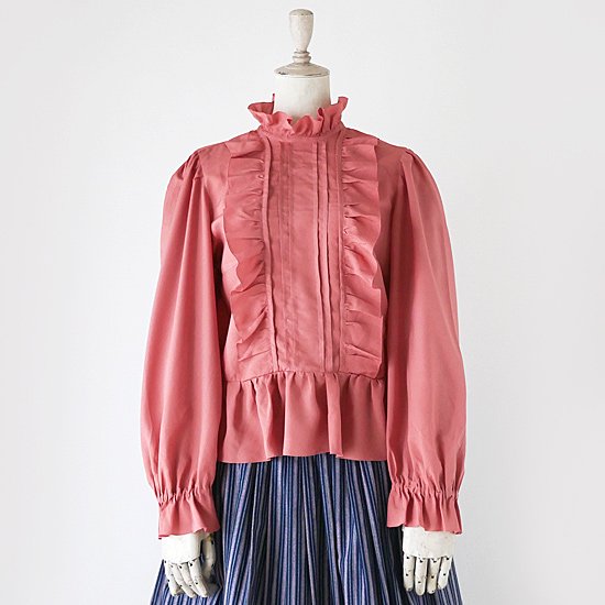 TG344 1970年フランス製ヴィクトリアスタイルオールドローズフリルシルクブラウス - ロンドンヴィンテージ洋装店  *アンティークリネンドレスとヴィンテージバッグ*