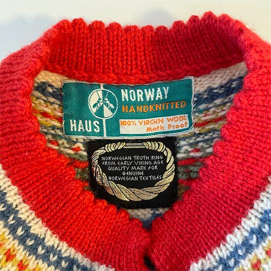 K0087 1950年代ノルウェー製『HAUS』アイボリーｘオレンジノルディック手編みウールカーディガン - ロンドンヴィンテージ洋装店  *アンティークリネンドレスとヴィンテージバッグ*