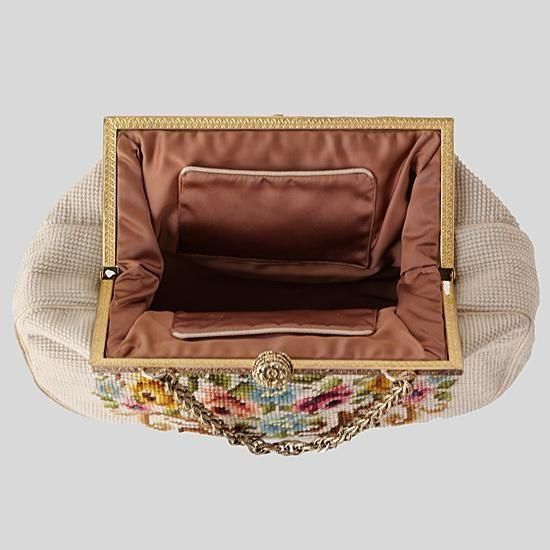 B1078 1950年代アメリカ製ベージュフローラルニードルポイント