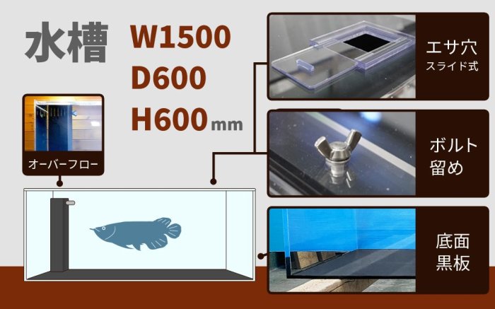 150アロワナ水槽人気セット(水槽+鉄製架台＋濾過槽セット+機器類) W1500×D600×H600mm -  オーダーメイド水槽は東京アクアガーデンオンラインショップ