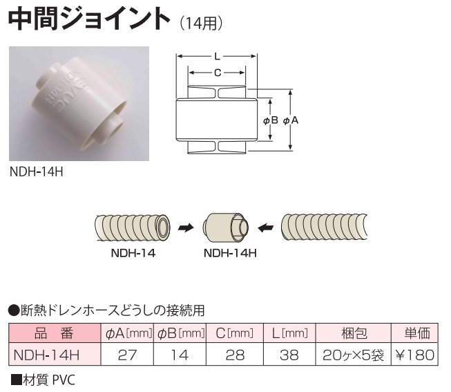 NDH-14H ルームエアコン用中間ジョイント（14用）[20個入り]