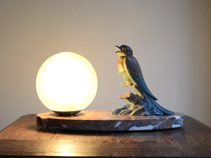 小鳥モチーフ ガラスシェード付テーブルランプ｜アンティーク照明 