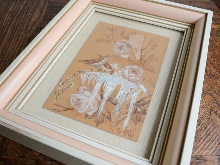 鶏の絵画 木製フレーム付き アンティーク
