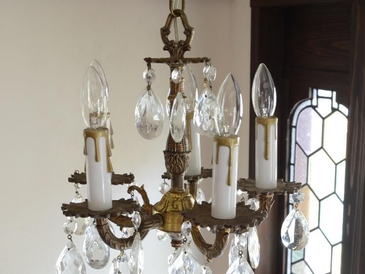 クリスタルガラス 5灯真鍮シャンデリア｜アンティーク照明・ランプ